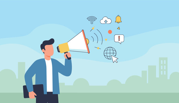 Flat style vector illustration of a businessman holding a megaphone, announcing important business news and promotions, with digital icons like wifi, cloud upload, bell, exclamation mark, and globe