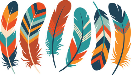 Set of colorful vector feathers in tribal and boho style, perfect for decorative art, craft design, fashion prints, and nature-themed projects © Hadi
