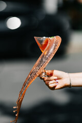 Elegant martini glass with red cocktail splash caught in motion. Close-up of hand holding glass outdoors, creative drink photography with dynamic splash effect.
