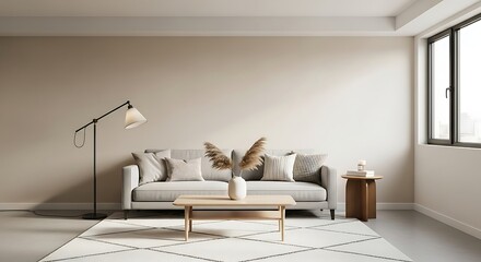 Cozy Living Room Interior Neutral Tones, Modern Furniture, and Natural Light Design