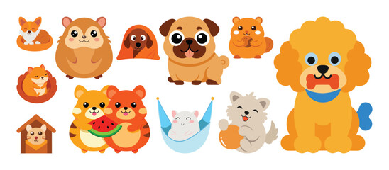 A modern and huge vector collection of cute hamsters pet and dog, Colorful accessories of cute and cartoon animals
