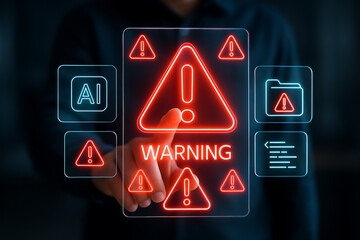 A human hand touching a futuristic holographic screen with a big red warning triangle symbolizing danger system error or a critical alert in technology and business