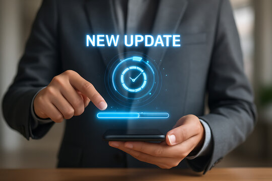 A businessman is tapping a smartphone screen showing a holographic new update prompt with a loading bar and circular clock icon for software installation or upgrade