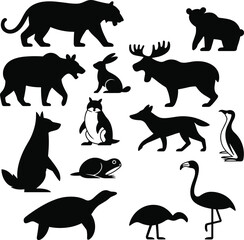 Wild animal silhouettes vector illustration collection, including bear, tiger, moose, fox, rabbit, penguin, turtle, flamingo, beaver, dog, and bird icons design
