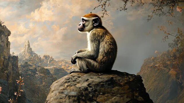 Majestic monkey rests on rocky ledge overlooking breathtaking landscape during golden hour of sunset