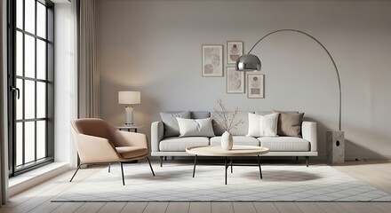 Serene modern living space featuring a minimalist sofa, a stylish armchair, and warm, inviting ambiance