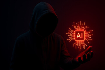 A mysterious person in a dark hoodie holding a glowing red artificial intelligence microchip symbolizing the ethical and security risks of ai technology and cybercrime