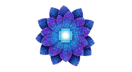 A glowing flower where petals form a circuit pattern, center shining like a processor core, soft blue and violet tones on transparent background , symbol of AI growth and digital