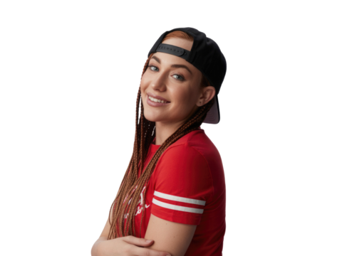 Young woman wearing a red shirt and baseball cap isolated on transparent background - Powered by Adobe