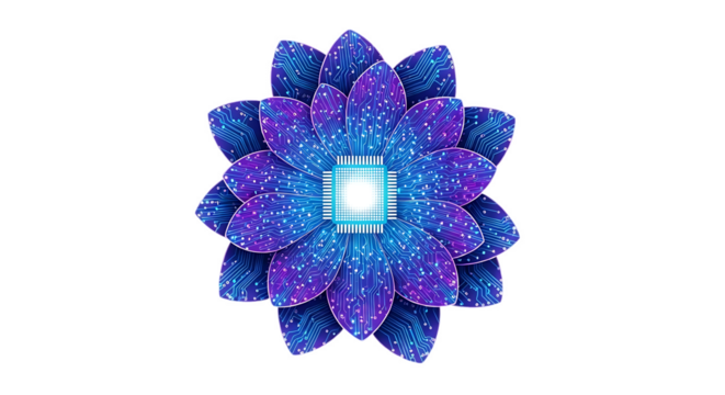 A glowing flower where petals form a circuit pattern, center shining like a processor core, soft blue and violet tones on transparent background , symbol of AI growth and digital