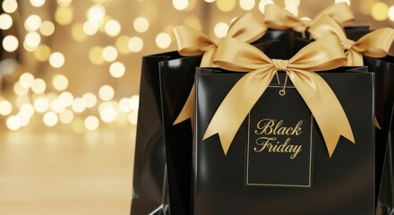 Black Friday Sale Banner with Luxury Black Gift Bag and Golden Ribbon