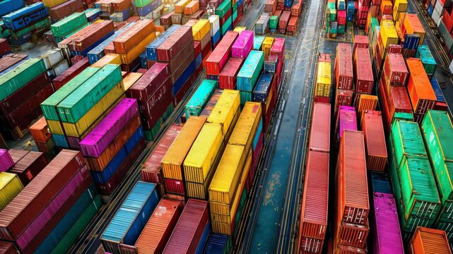 Colorful shipping containers stacked in a busy port during the day showcasing vibrant logistics operations - Powered by Adobe