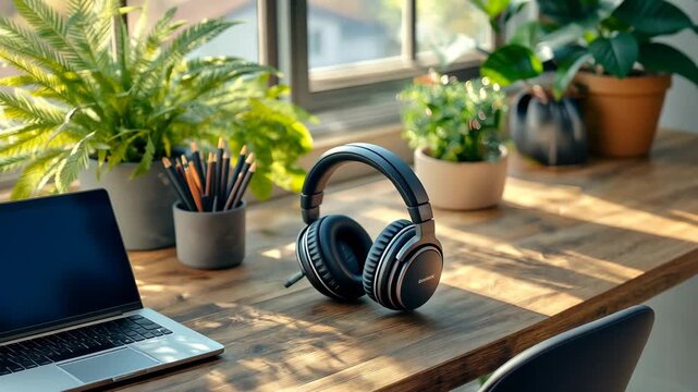 Creating a peaceful workspace with plants and technology in bright morning light for maximum focus and productivity