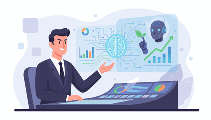 Businessman analyzing market and business growth data with artificial intelligence and robotics, showcasing a futuristic interface with charts, graphs, and a digital brain, representing technological