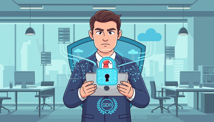 Businessman in a suit holding a tablet with a glowing padlock and network connections, symbolizing data security and privacy protection, set against an office background with servers and clouds
