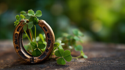 Lucky horseshoe with four leaf clovers no faces visible good fortune Irish luck shamrock symbols prosperity charm lucky symbol traditional blessing fortune attraction gree