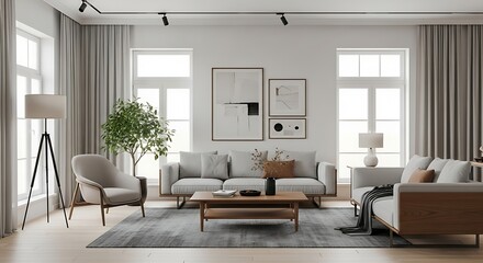 Sunlit contemporary living room with minimalist Japandi style furniture and decor