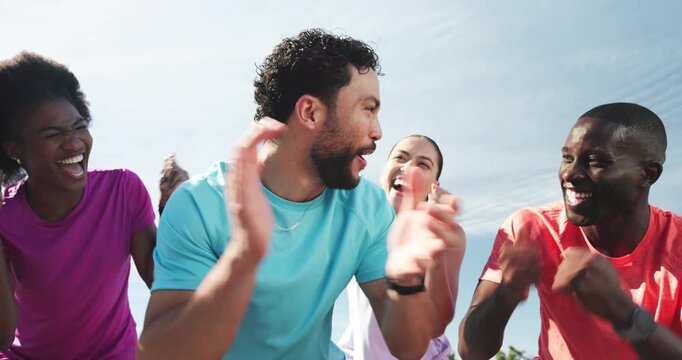 Fitness, people and celebration applause outdoor for workout goals, training progress or motivation. Team energy, running club and clapping for exercise performance, achievement and wellness support