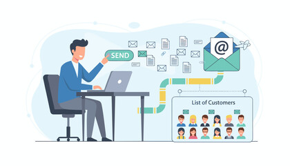 Modern flat illustration of a businessman sending an email campaign or newsletter to a list of customers, symbolizing digital marketing strategy and communication, with icons of envelopes, documents