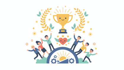 A vibrant illustration depicting a team celebrating success with a golden trophy, a winged heart, and laurel wreaths, symbolizing employee engagement, commitment, and motivation, set against a