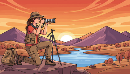 A female photographer kneels on a rocky outcrop, aiming her professional camera on a tripod to capture the breathtaking beauty of a vibrant sunset over a serene river valley surrounded by majestic