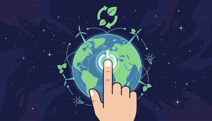 Conceptual illustration of a finger pressing a glowing power button on a stylized Earth, symbolizing the activation of environmental protection and renewable energy solutions against a starry night