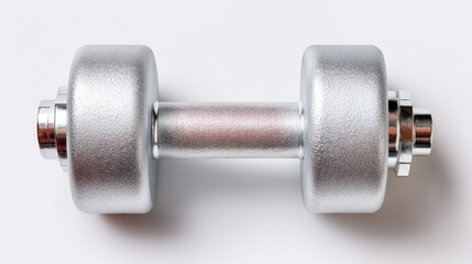 Shiny Silver Dumbbell With Chrome Plates Isolated On A White Background Studio Lighting