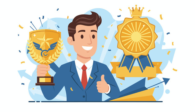 Successful businessman celebrating victory with a golden trophy and a large medal, giving a thumbs up, surrounded by confetti and upward trending arrows, symbolizing achievement and high performance