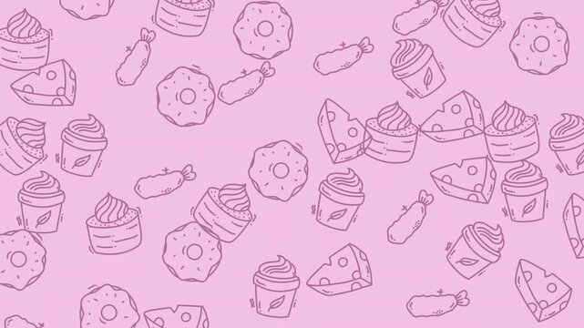 Seamless Pattern of Hand-Drawn Sweets and Desserts on a Pink Background.