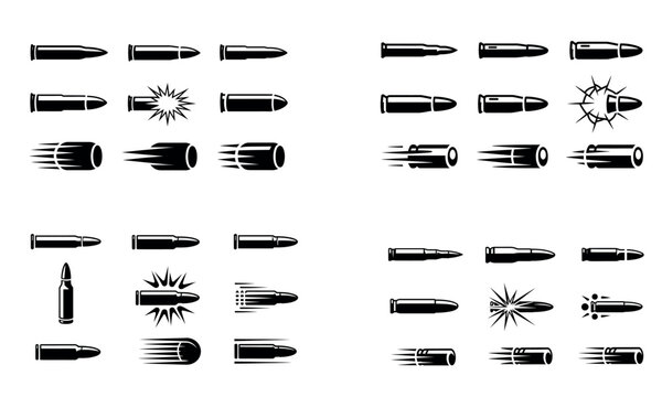 Bullet icon set representing ammunition projectile and weapon concept in black design
