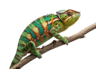 Obraz premium Vibrant green and orange chameleon with patterned skin perched on a textured tree branch against a white background