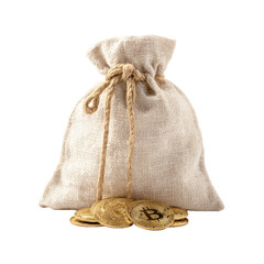 Beige money bag on gold bitcoins png cryptocurrency png wealth png finance png savings png currency png BTC png coins png investment png cash png transparent background image