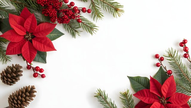 Festive christmas corner arrangement featuring vibrant red poinsettias pine cones holly berries and evergreen branches on a clean white background