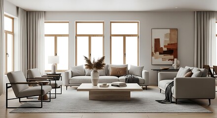 Bright and spacious modern living room interior with neutral sofas, armchairs, and sunlit windows