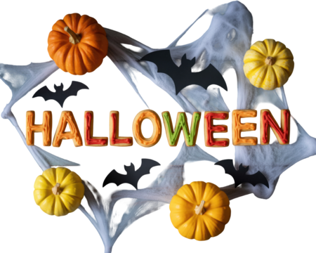 Spooky halloween decorations with pumpkins and cobwebs isolated on transparent background