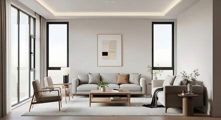 Minimalist Japandi style living room interior with wooden furniture and a bright, open layout concept