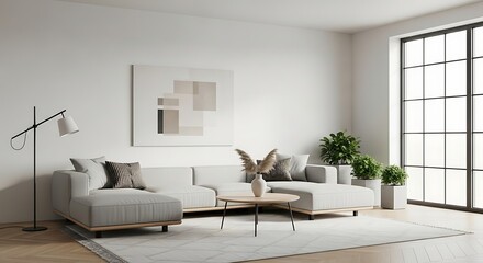 Bright and spacious modern living area featuring a comfortable L-shaped sofa, elegant decor, and large window