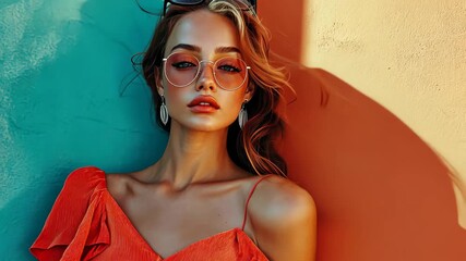 Model poses against vibrant colored walls in a trendy urban setting at sunset showcasing bold fashion and accessories - Powered by Adobe