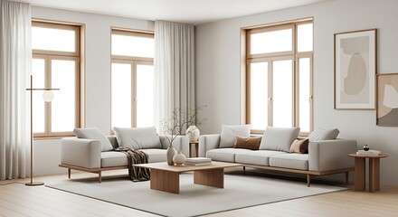 Bright and Serene Modern Living Room Interior with Neutral Tones and Elegant Minimalist Furnishings