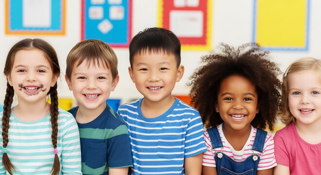 A diverse group of happy preschool children smiling together in a row.