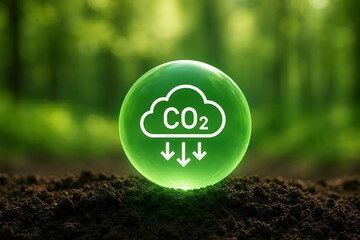 Green carbon dioxide bubble icon showing reduction of co2 emissions on rich soil in a lush environment depicting nature and eco friendly sustainable technology