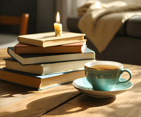 Cozy hygge still life with books, candle and cup of tea on wooden table