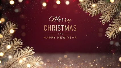 Festive merry christmas and happy new year greeting with glowing fairy lights on evergreen pine branches against a deep red background