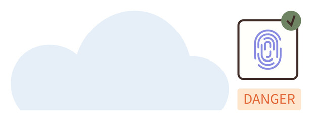 Cloud shape with biometric fingerprint authentication marked as verified, accompanied by a danger alert. Ideal for cybersecurity, data protection, identity verification, cloud storage, safety