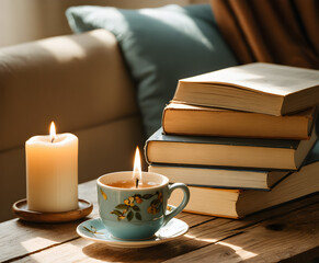Cozy hygge still life with books, candle and cup of tea on wooden table