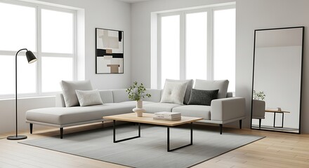 Modern Scandinavian Living Room with Sectional Sofa, Coffee Table, and Floor Lamp