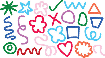 Collection of colorful hand drawn abstract shapes and symbols on white background doodle vector