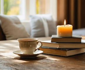 Cozy hygge still life with books, candle and cup of tea on wooden table