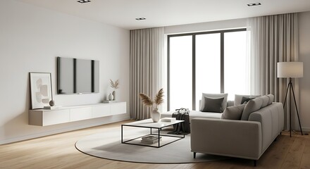 Bright Modern Living Room with Gray Sofa, Natural Light, and Minimalist Decor for Relaxing