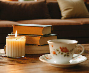 Cozy hygge still life with books, candle and cup of tea on wooden table